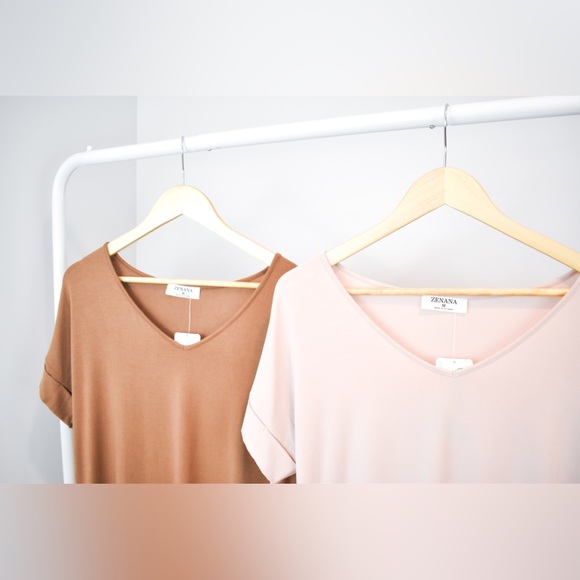 NWT Zenana Tencel Modal V-Neck Short Sleeve Tee, Deep Camel - Picture 3 of 5